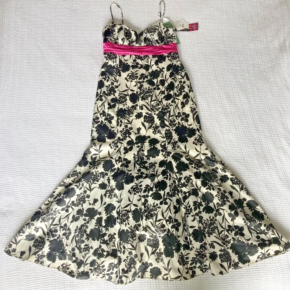 Y2K‎ Maxi Dress Formal 10 Satin Black White Pink Floral Prom Kentucky Derby